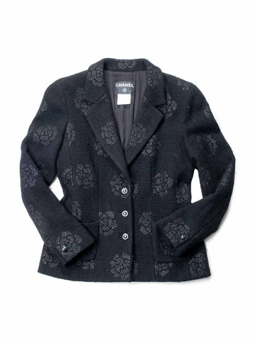 CHANEL Fantasy Tweed Camellia Flower Embroidered Jacket Black-designer resale