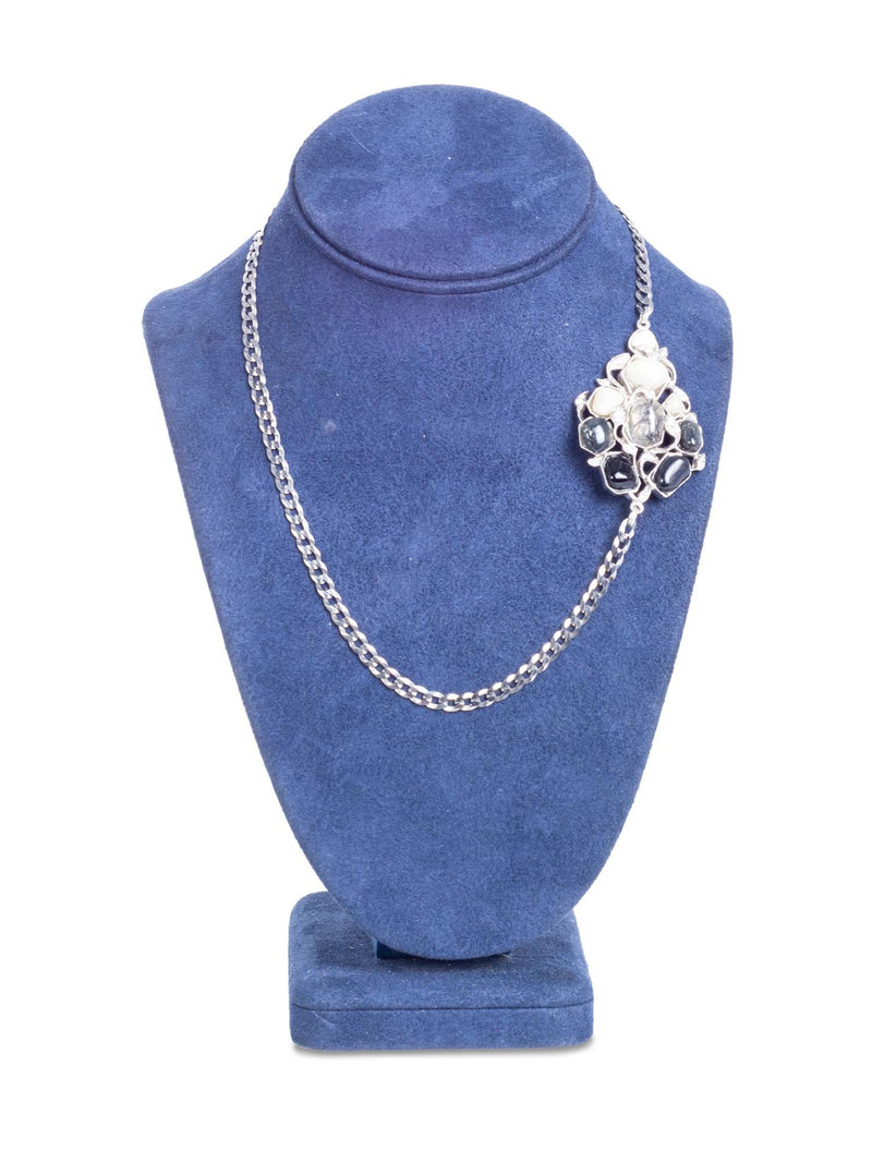 CHANEL Gripoix Cabochon Silver Pearl Necklace White Black-designer resale