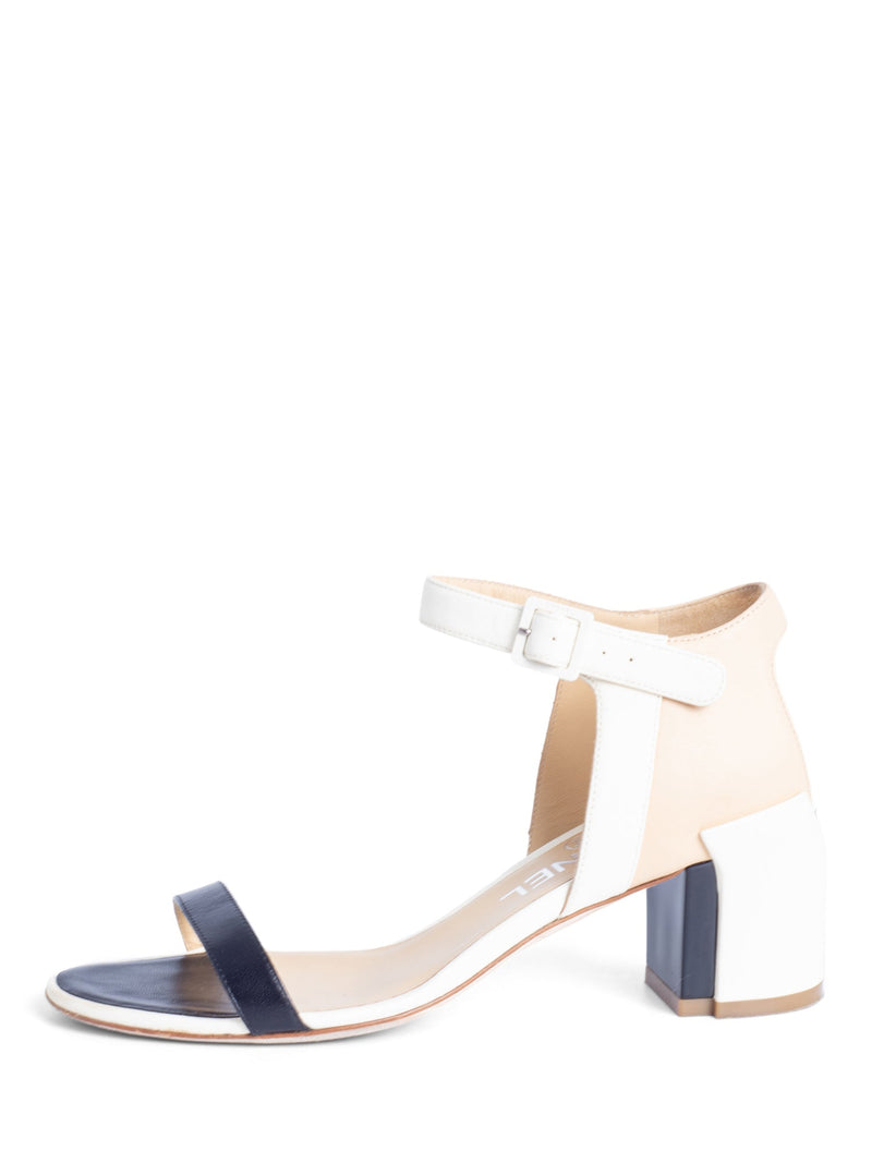 CHANEL Leather CC Logo Block Heel Ankle Strap Sandals Ivory Tan Black-designer resale