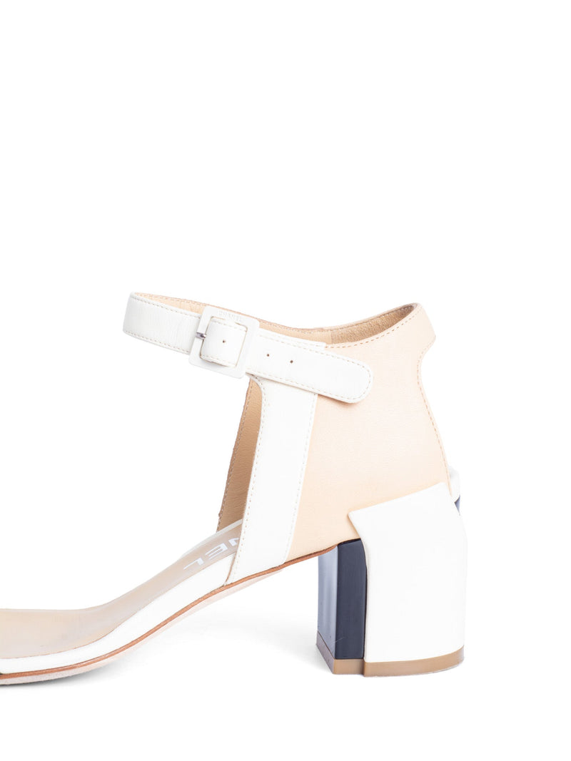 CHANEL Leather CC Logo Block Heel Ankle Strap Sandals Ivory Tan Black-designer resale