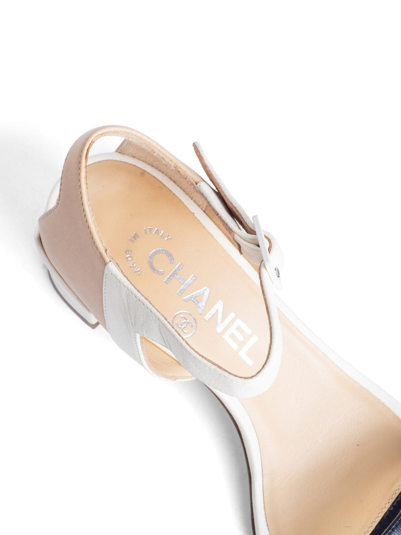 CHANEL Leather CC Logo Block Heel Ankle Strap Sandals Ivory Tan Black-designer resale