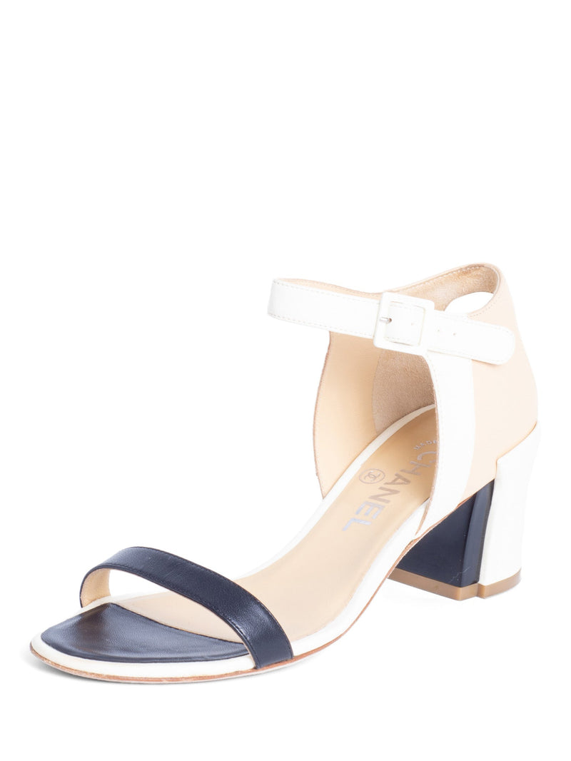 CHANEL Leather CC Logo Block Heel Ankle Strap Sandals Ivory Tan Black-designer resale