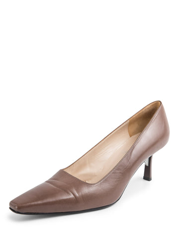 CHANEL Logo Leather Pointy Toe Kitten Heels Shoes Brown-designer resale