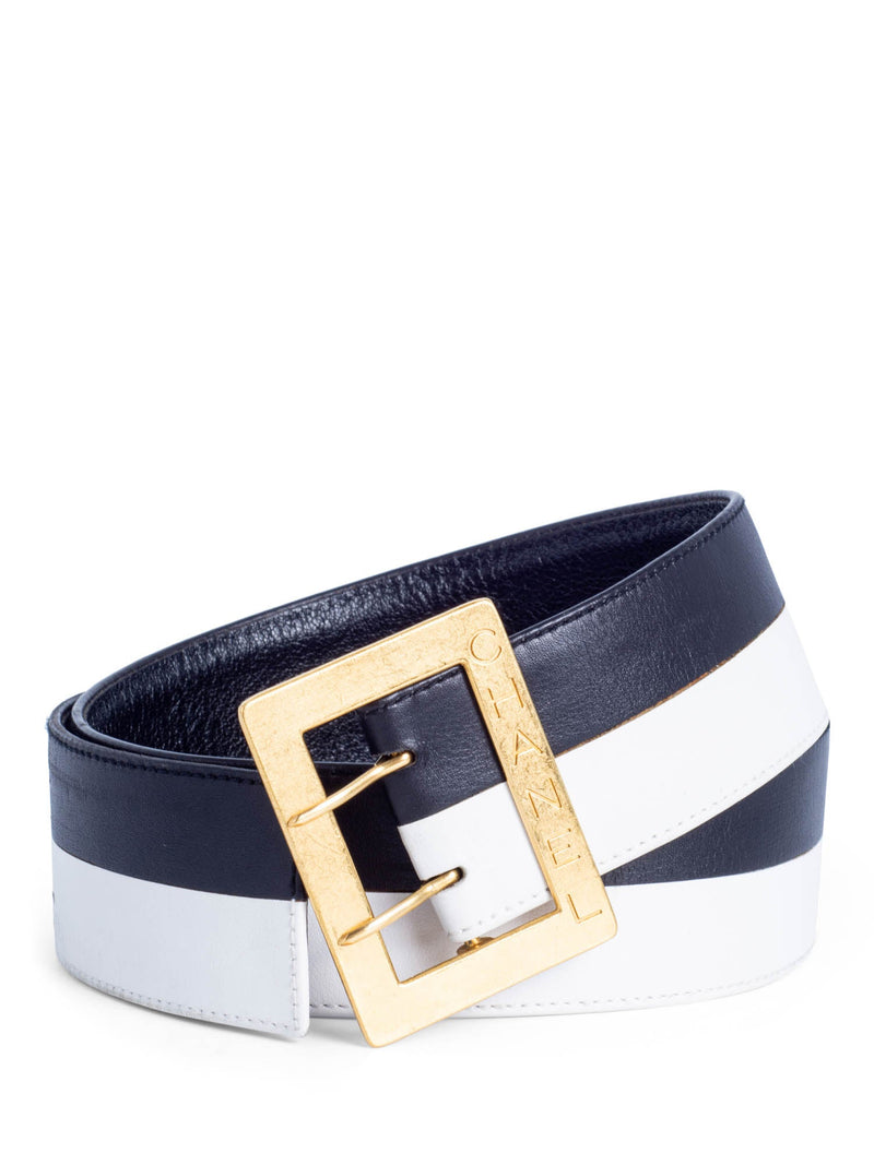 CHANEL Logo Leather Wide Belt Black White-designer resale
