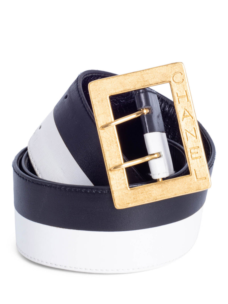 CHANEL Logo Leather Wide Belt Black White