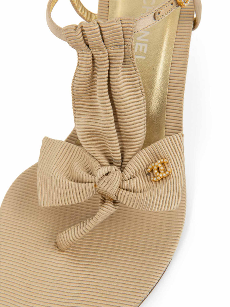 CHANEL Pearl CC Logo Bow Kitten Heel Sandals Beige Gold-designer resale