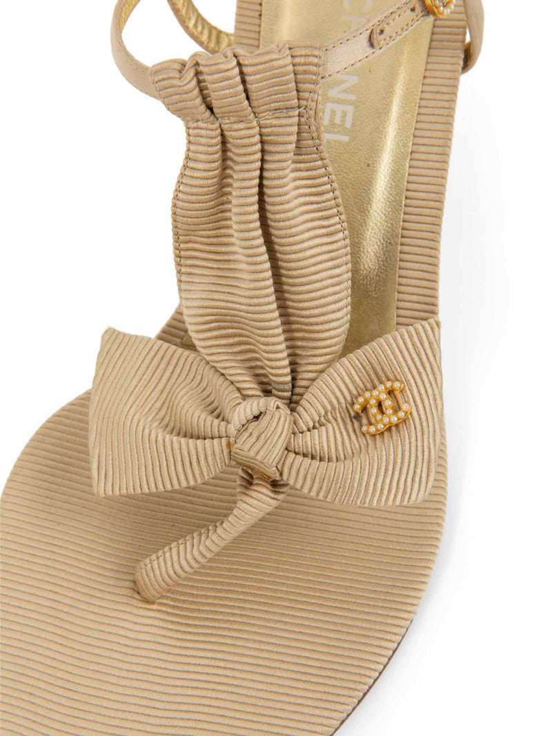 CHANEL Pearl CC Logo Bow Kitten Heel Sandals Beige Gold-designer resale
