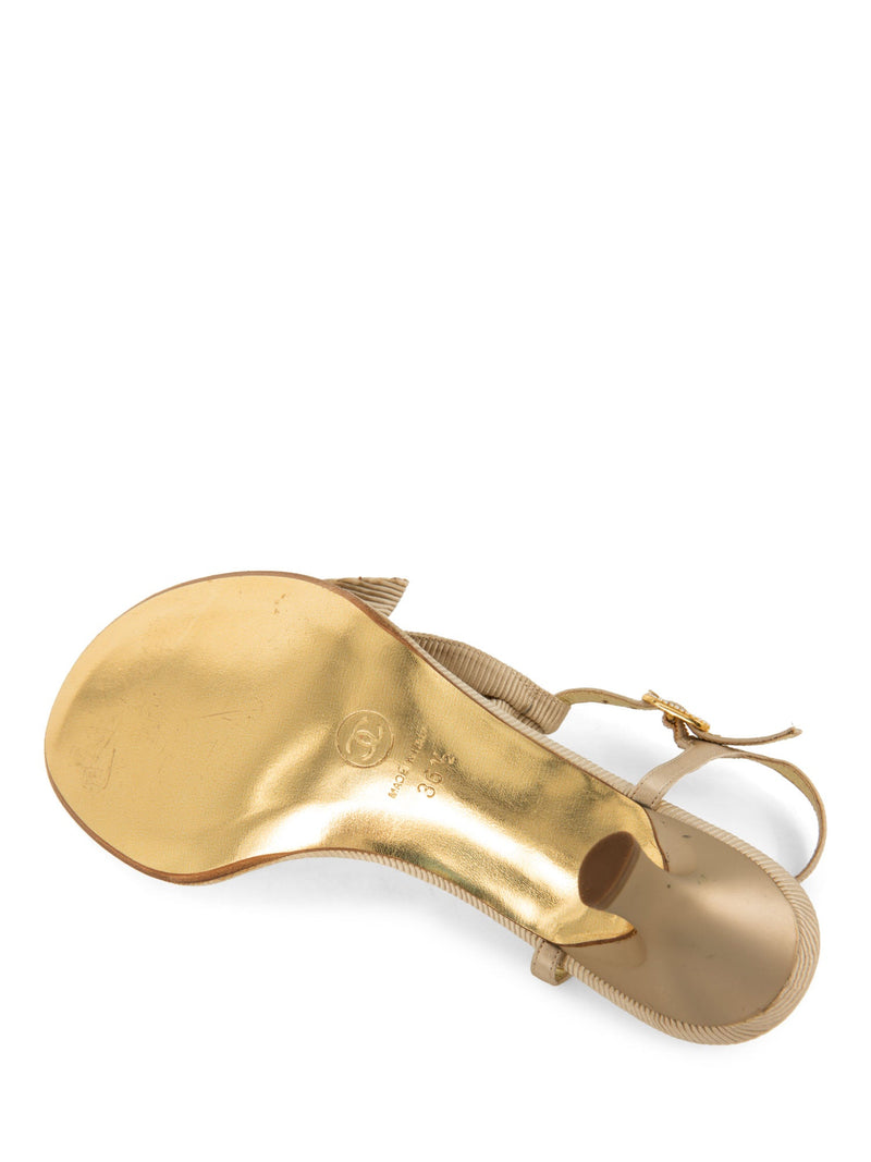 CHANEL Pearl CC Logo Bow Kitten Heel Sandals Beige Gold-designer resale