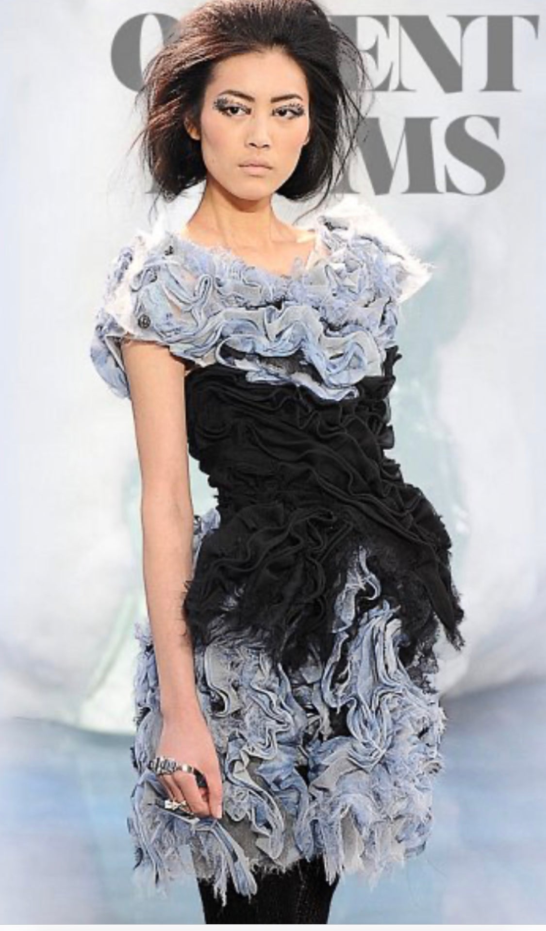 CHANEL Runway CC Logo Knit Ruffle Mini Dress Blue Black