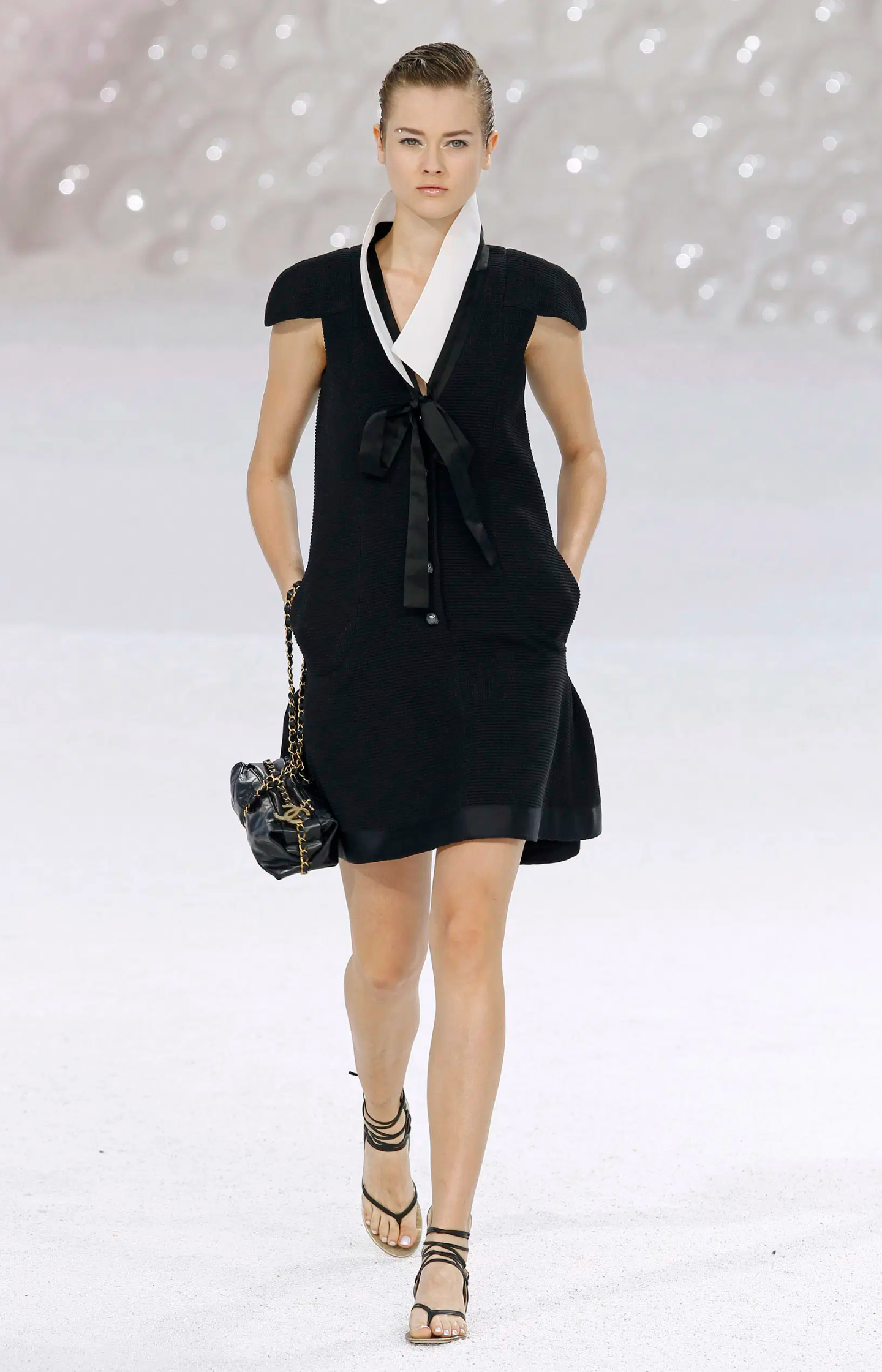 CHANEL Runway CC Logo White Collar Bow Mini Dress Black White