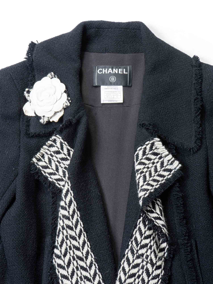 CHANEL, PURPLE SILK-BLEND JACKET WITH CAMELLIA BROOCH