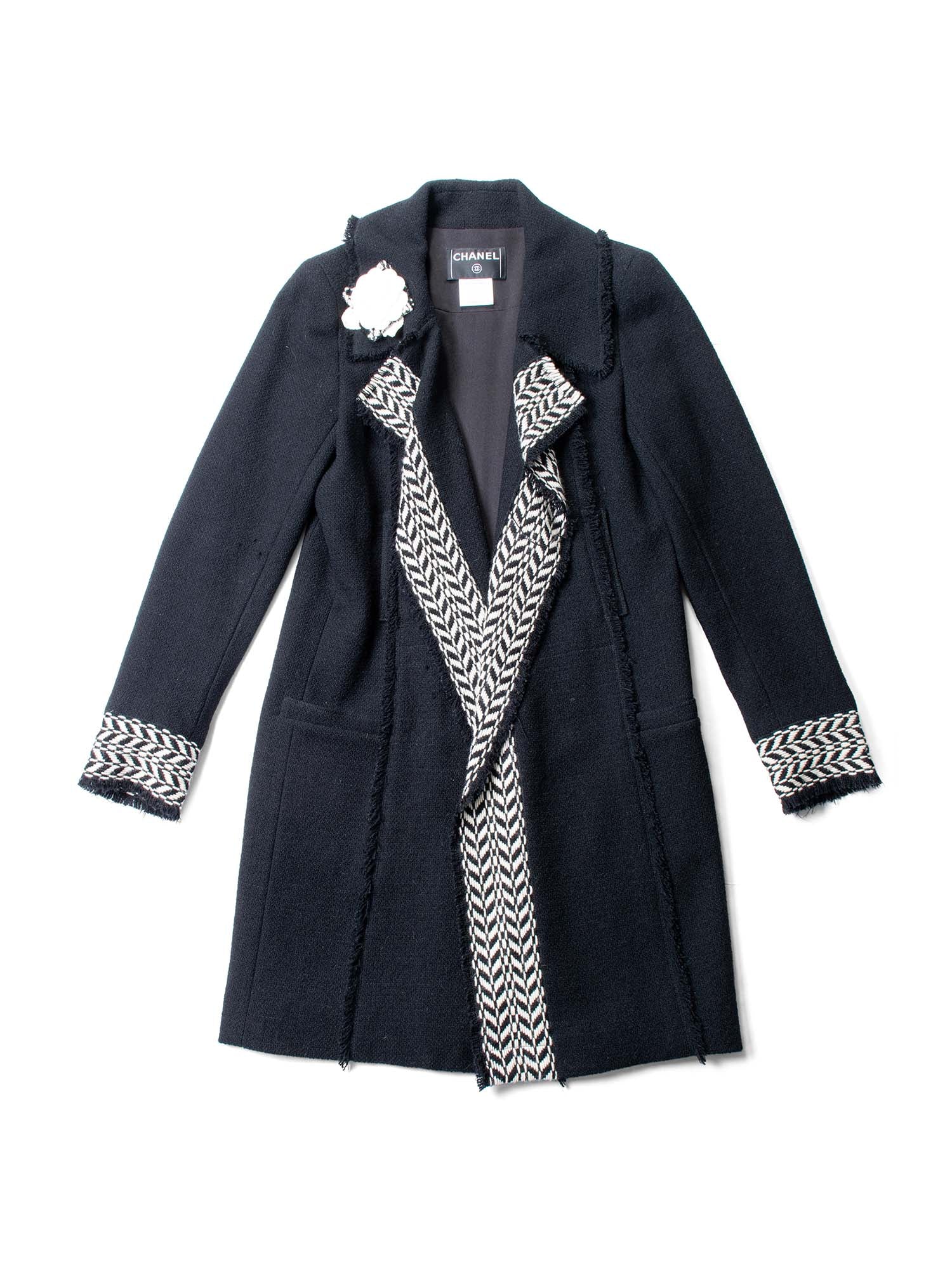 CHANEL Tweed Camellia Flower Open Jacket Black White-designer resale