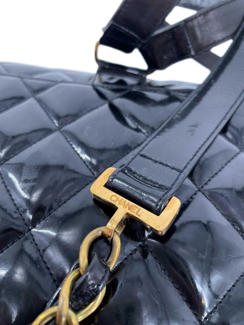 CHANEL Vintage 24k Gold CC Logo Patent Leather Backpack Black-designer resale