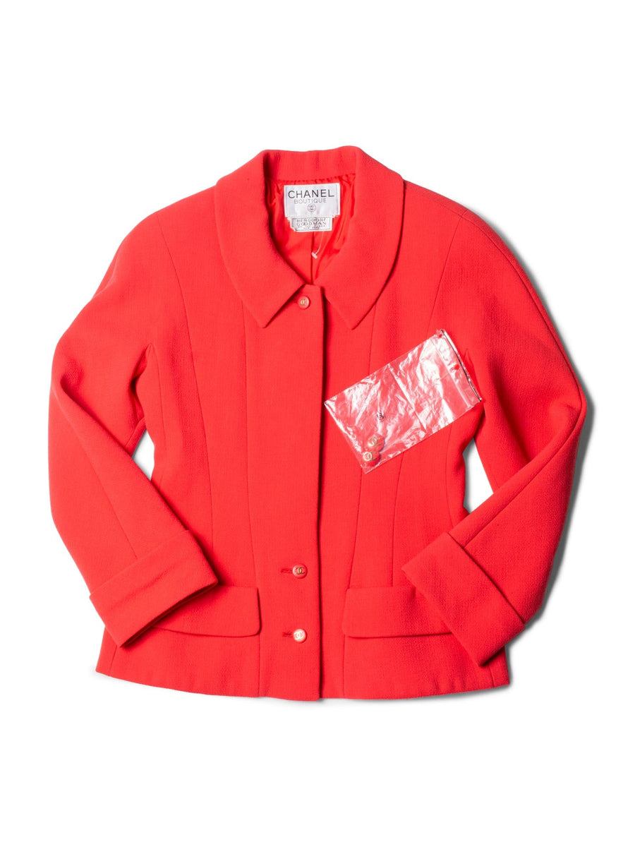 CHANEL Vintage CC Logo Collar Fitted Jacket Coral Red