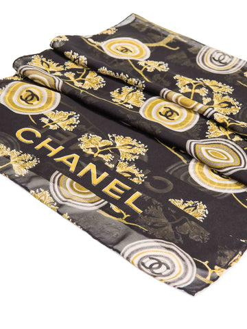 CHANEL Vintage CC Logo Silk Medallion Scarf Black Gold-designer resale