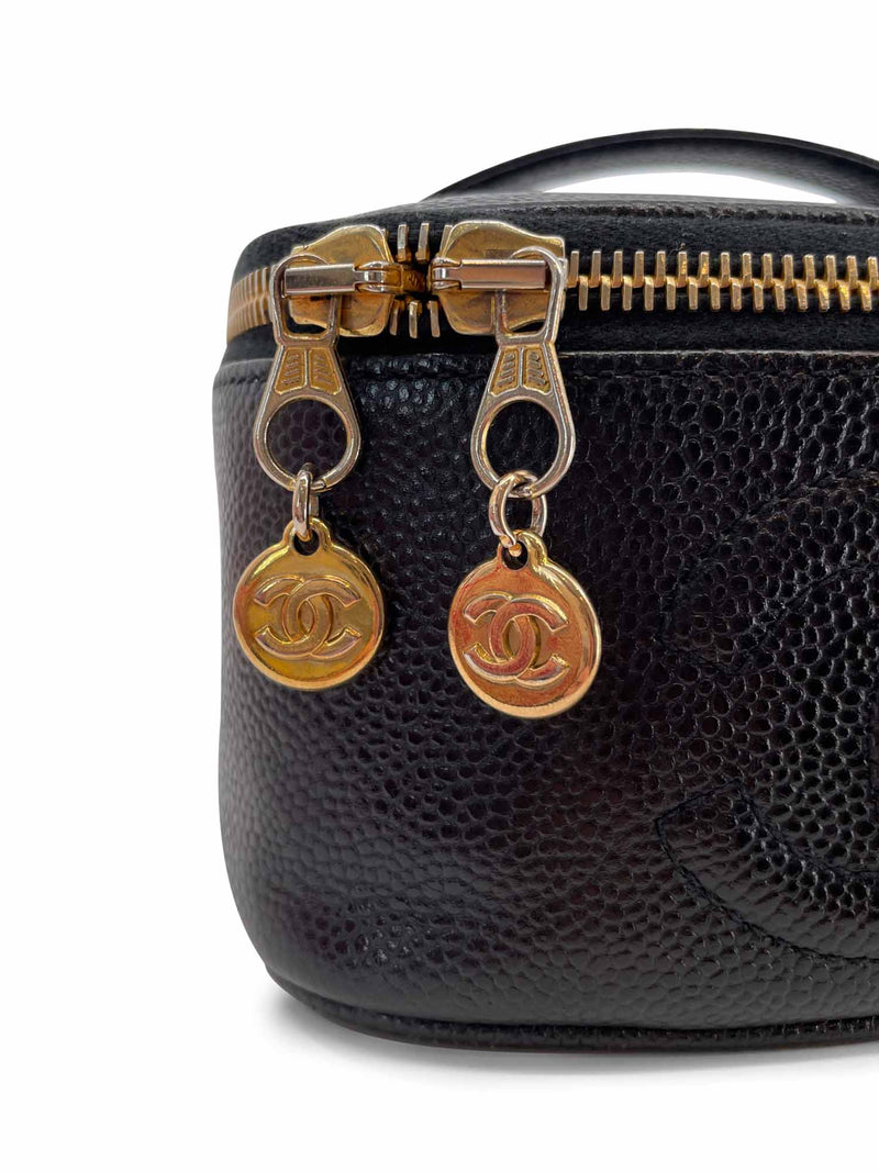 CHANEL Vintage Caviar Leather 24k CC Logo Vanity Top Handle Bag Black-designer resale