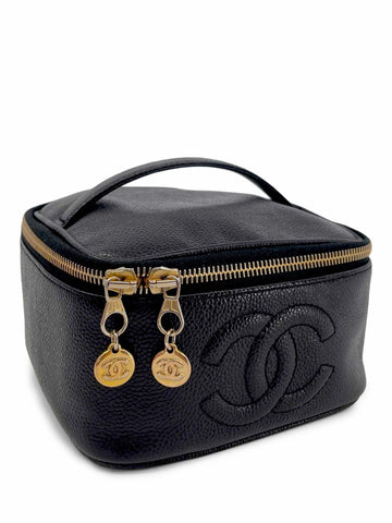 CHANEL Vintage Caviar Leather 24k CC Logo Vanity Top Handle Bag Black-designer resale