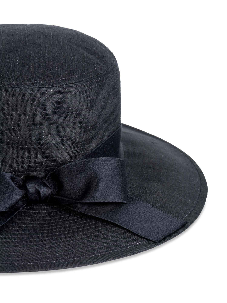 CHANEL Vintage Cotton Satin Bow Fedora Hat Black