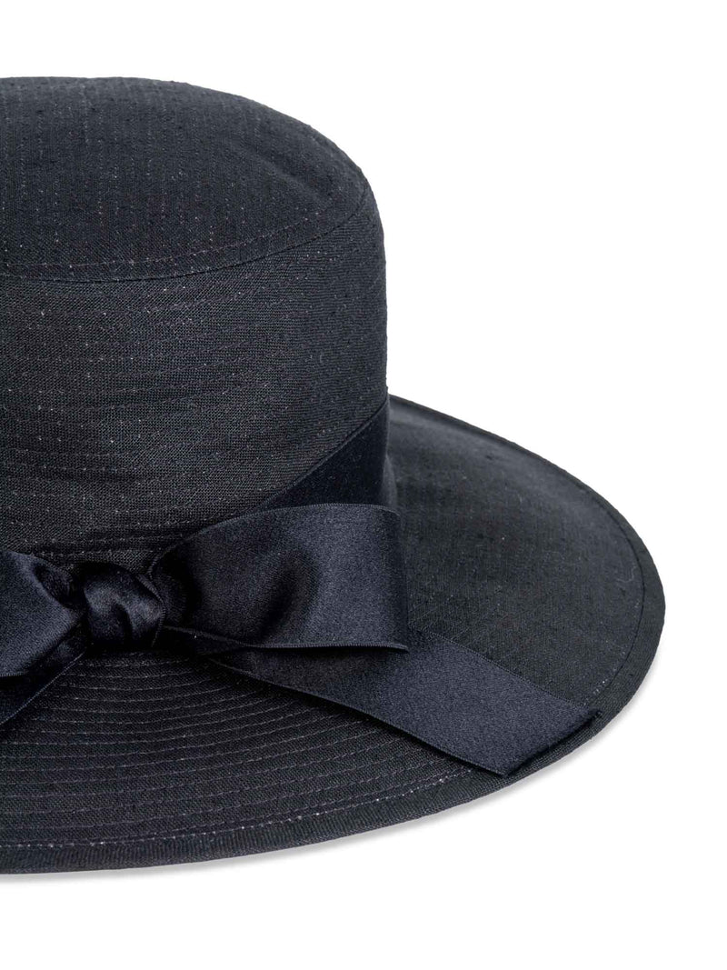 CHANEL Vintage Cotton Satin Bow Fedora Hat Black-designer resale
