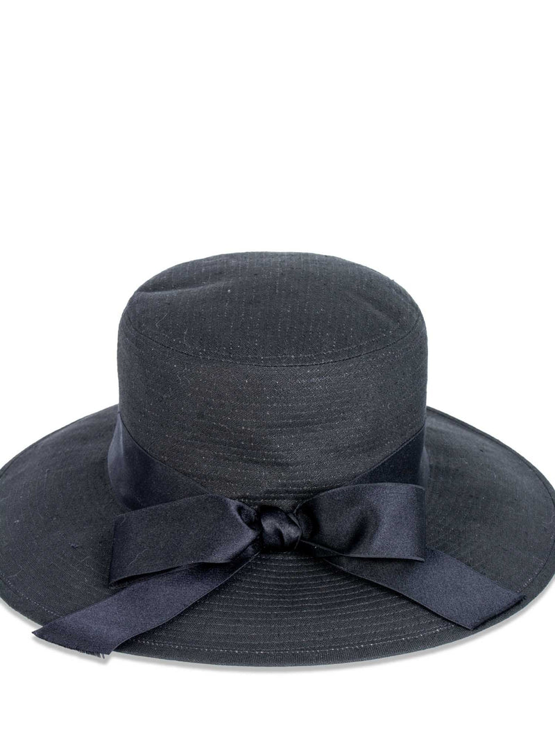 CHANEL Vintage Cotton Satin Bow Fedora Hat Black-designer resale