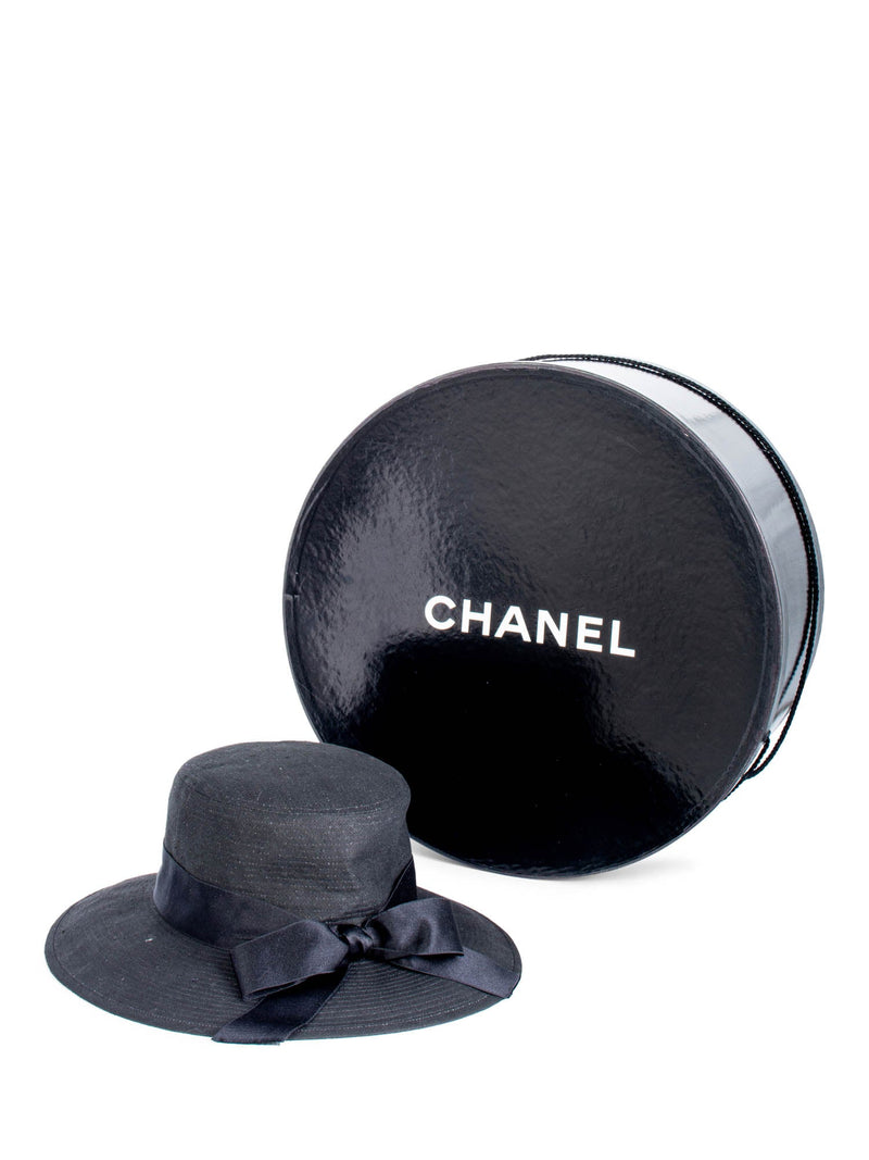 CHANEL Vintage Cotton Satin Bow Fedora Hat Black