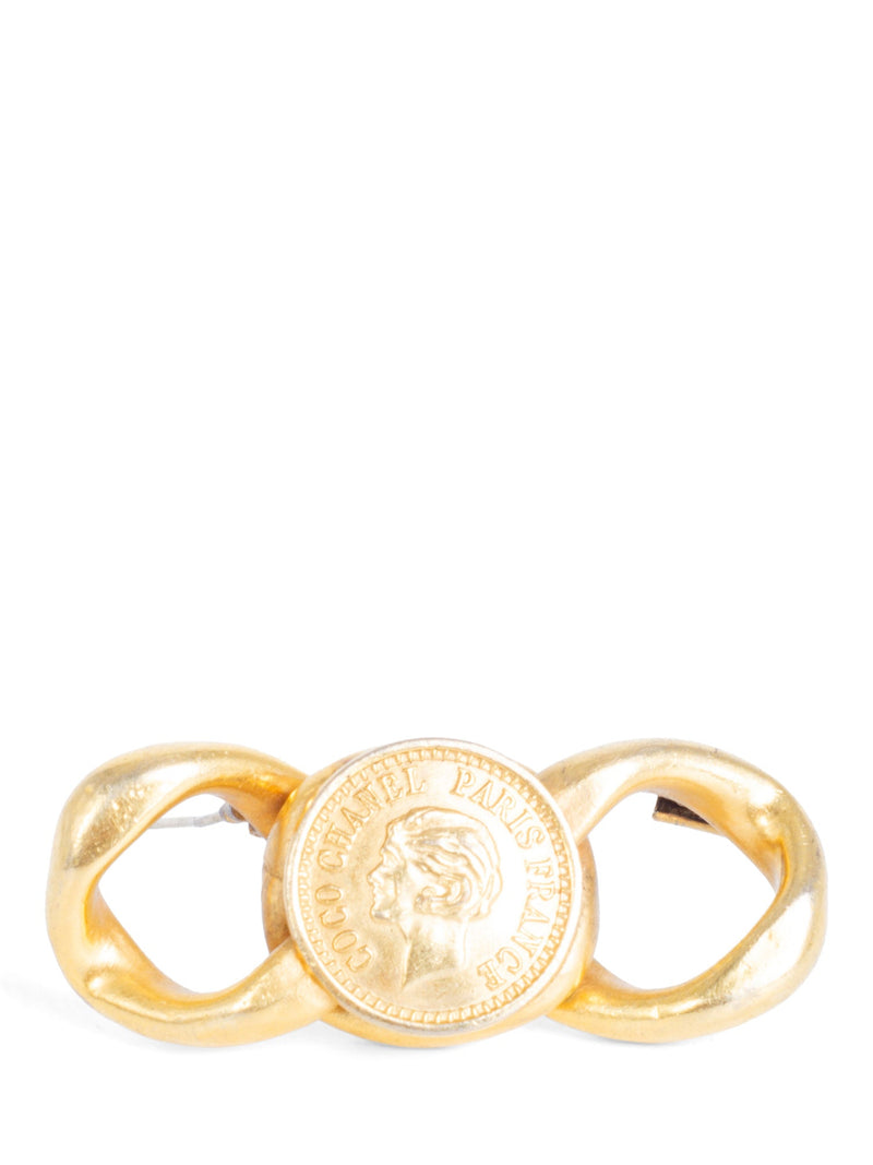 CHANEL Vintage Logo Chain Loop Medallion Brooch Pin Gold-designer resale