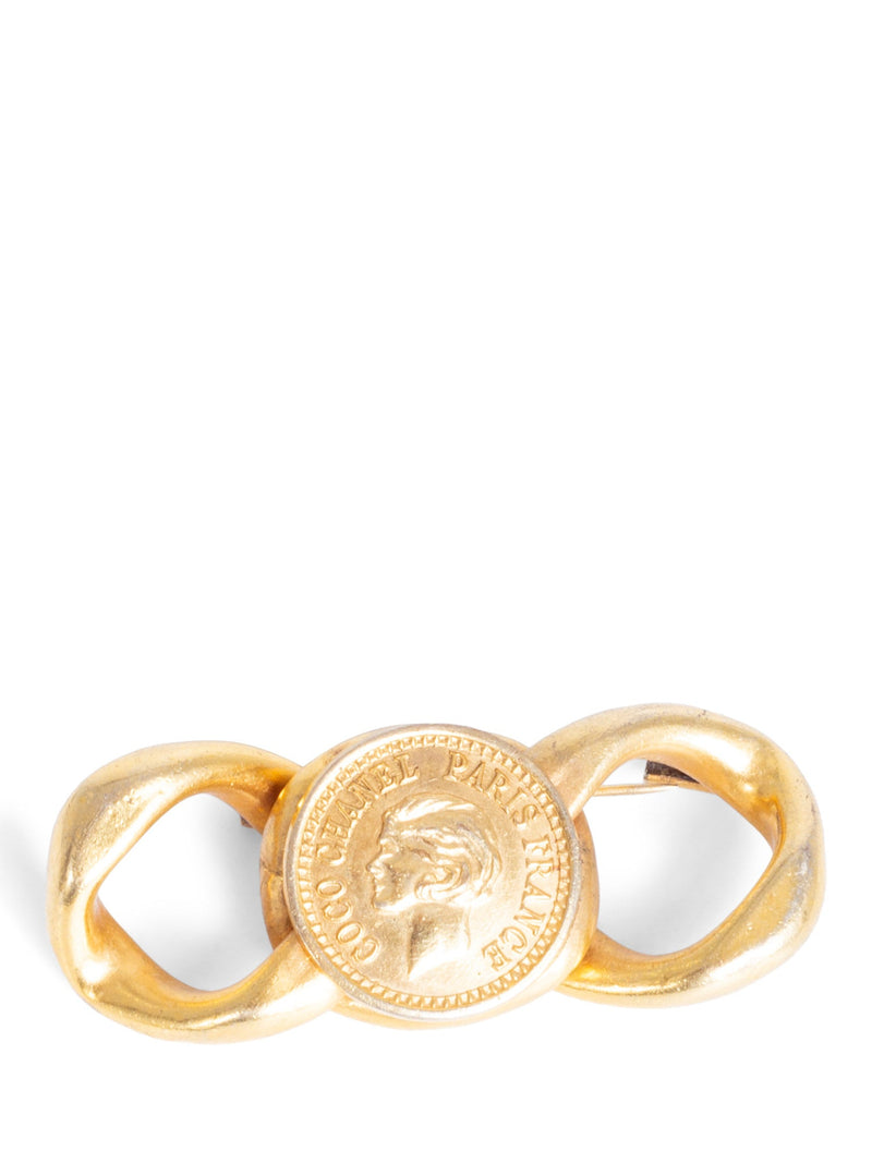 CHANEL Vintage Logo Chain Loop Medallion Brooch Pin Gold-designer resale
