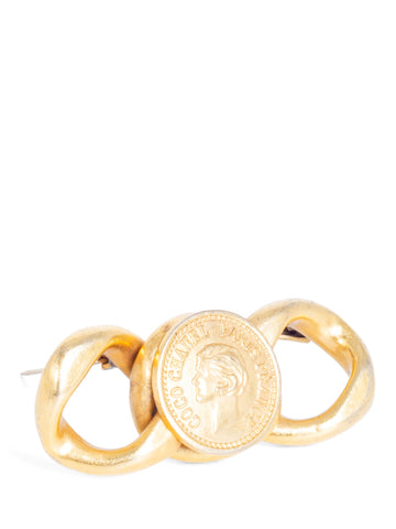 CHANEL Vintage Logo Chain Loop Medallion Brooch Pin Gold-designer resale