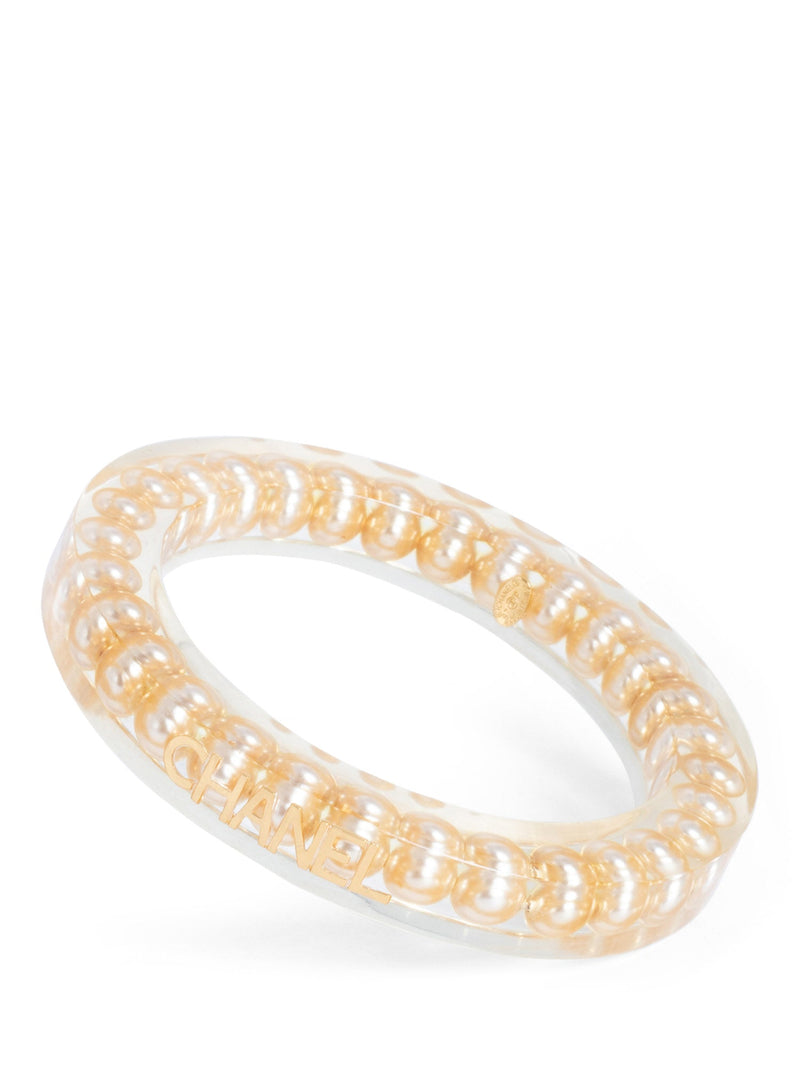 CHANEL Vintage Logo Pearl Bangle Bracelet Gold-designer resale