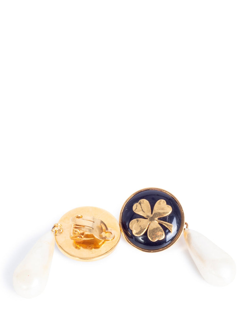 CHANEL Vintage Lucky Clover Pearl Clip On Earrings Gold-designer resale