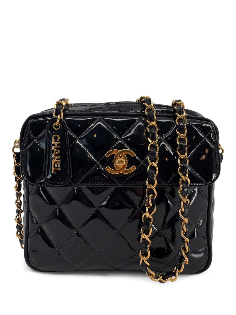 CHANEL Vintage Patent Leather 24k Gold CC Logo Camera Bag Black-designer resale