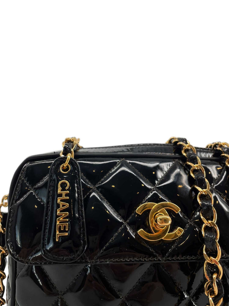 CHANEL Vintage Patent Leather 24k Gold CC Logo Camera Bag Black-designer resale