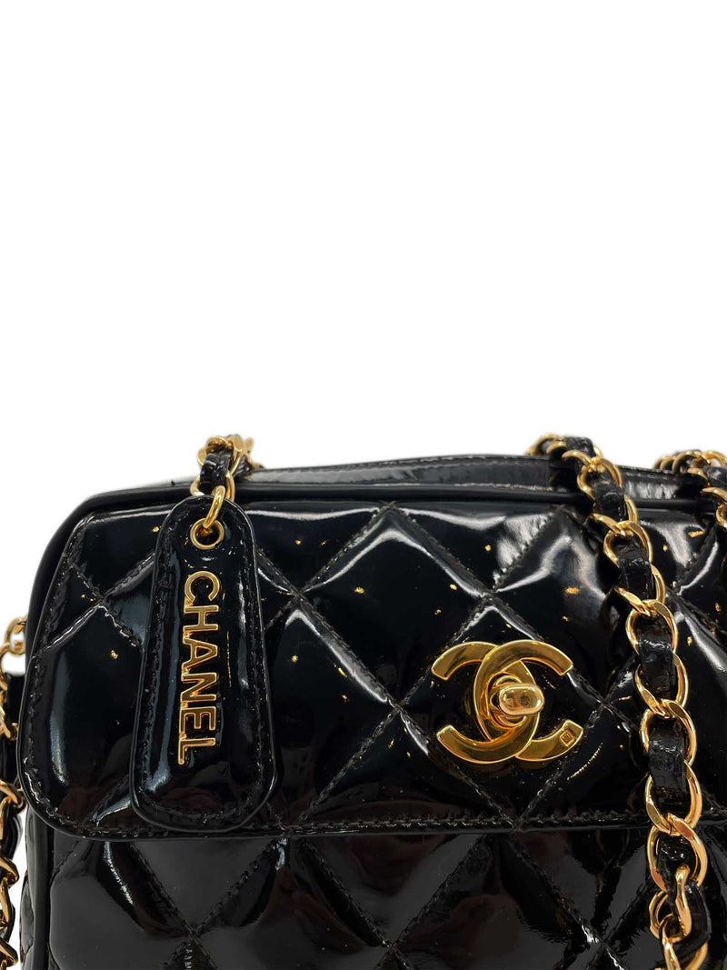 Vintage CHANEL black patent enamel camera shoulder bag with CC