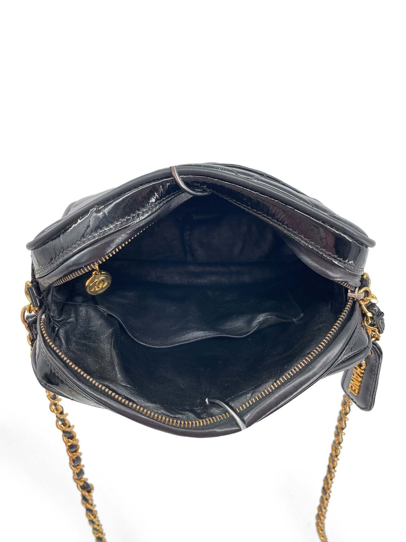 CHANEL Vintage Patent Leather 24k Gold CC Logo Camera Bag Black-designer resale
