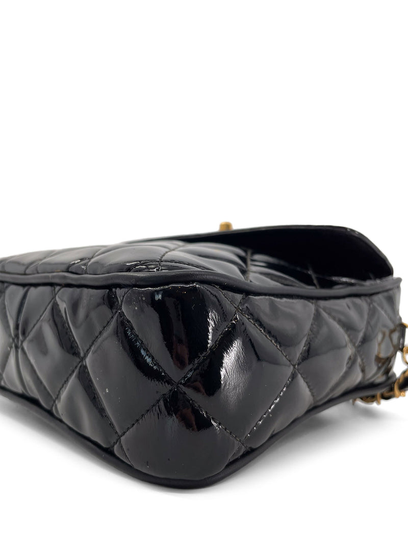 CHANEL Vintage Patent Leather 24k Gold CC Logo Camera Bag Black-designer resale