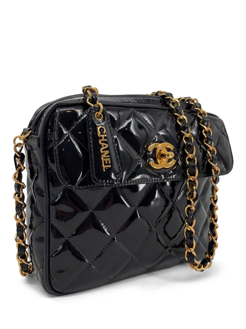 Chanel Quilted Black Patent Leather Shoulder Bag, 1980s