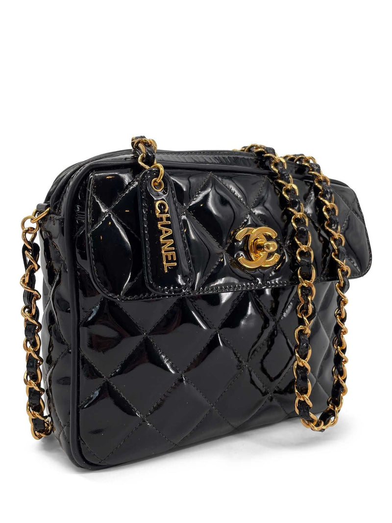 CHANEL Vintage Patent Leather 24k Gold CC Logo Camera Bag Black-designer resale