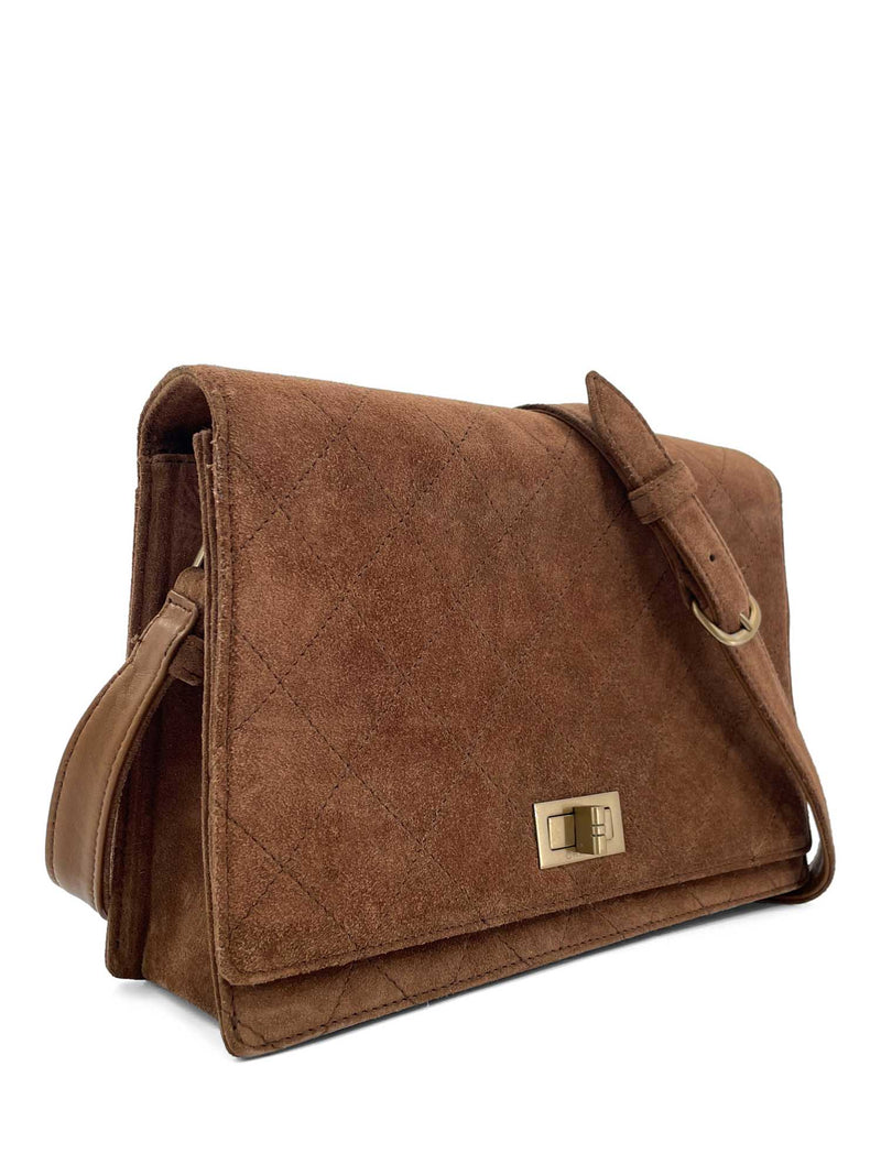CHANEL Vintage Quilted Suede Flap Messenger Bag Brown