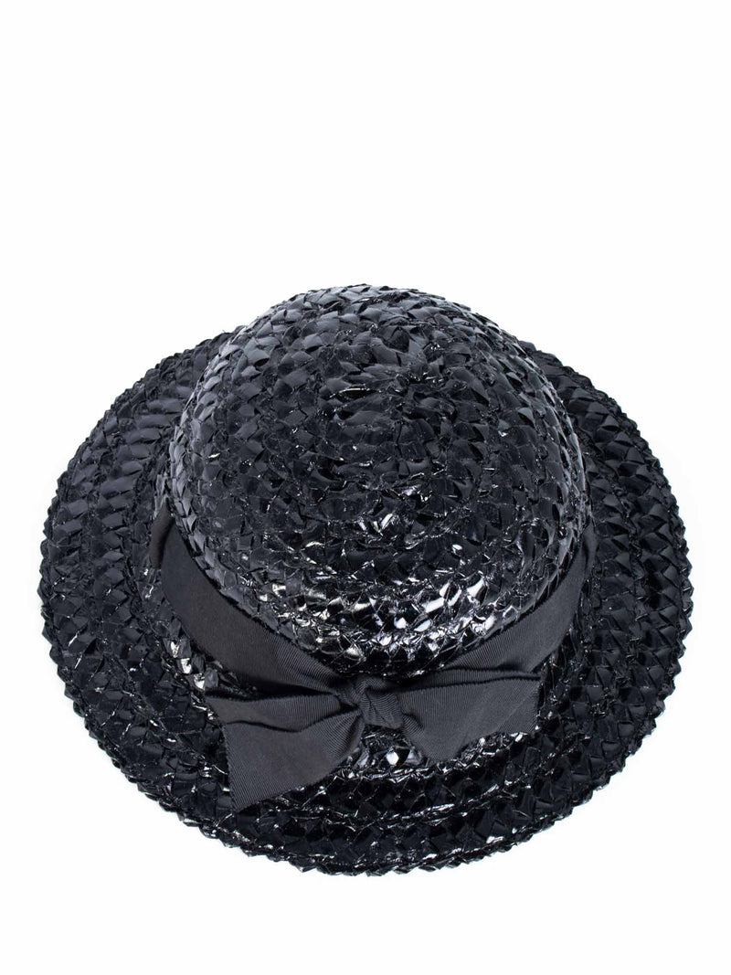 CHANEL Vintage Woven Raffia Fedora Hat Ribbon Hat Black-designer resale