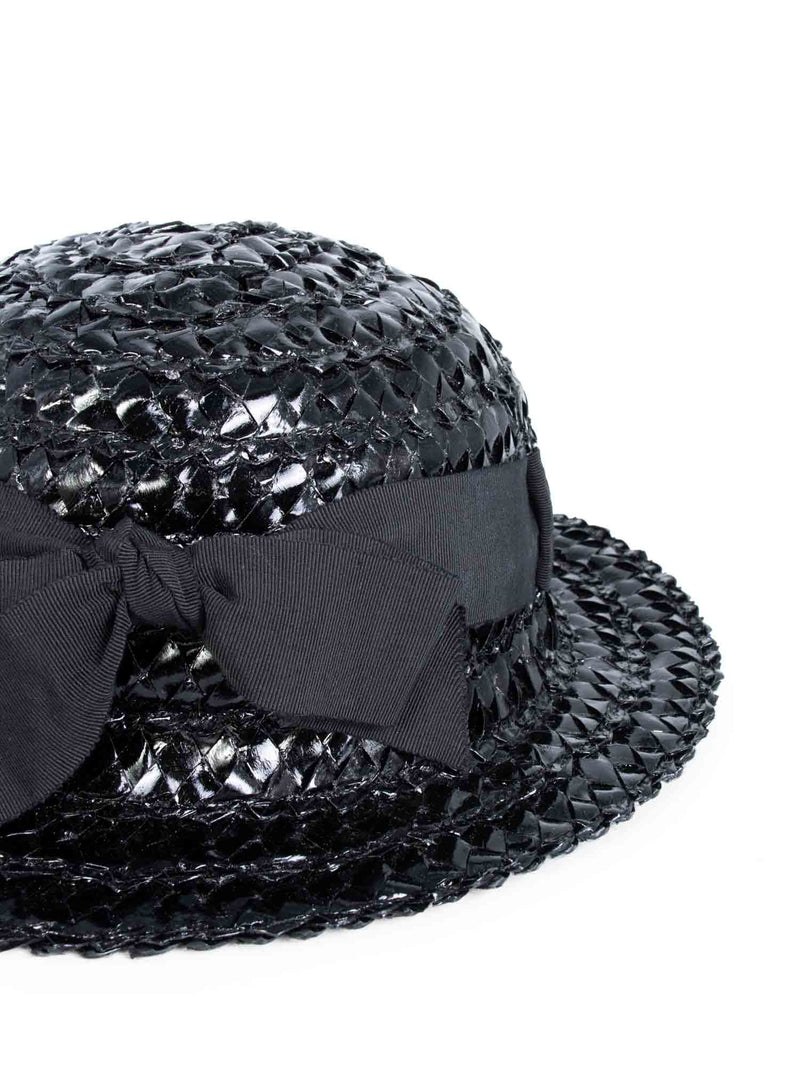 Chanel Vintage Woven Raffia Fedora Hat Ribbon Hat Black