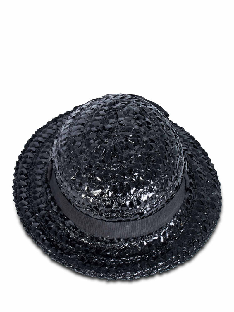 CHANEL Vintage Woven Raffia Fedora Hat Ribbon Hat Black-designer resale