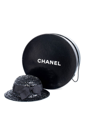 CHANEL Vintage Woven Raffia Fedora Hat Ribbon Hat Black-designer resale