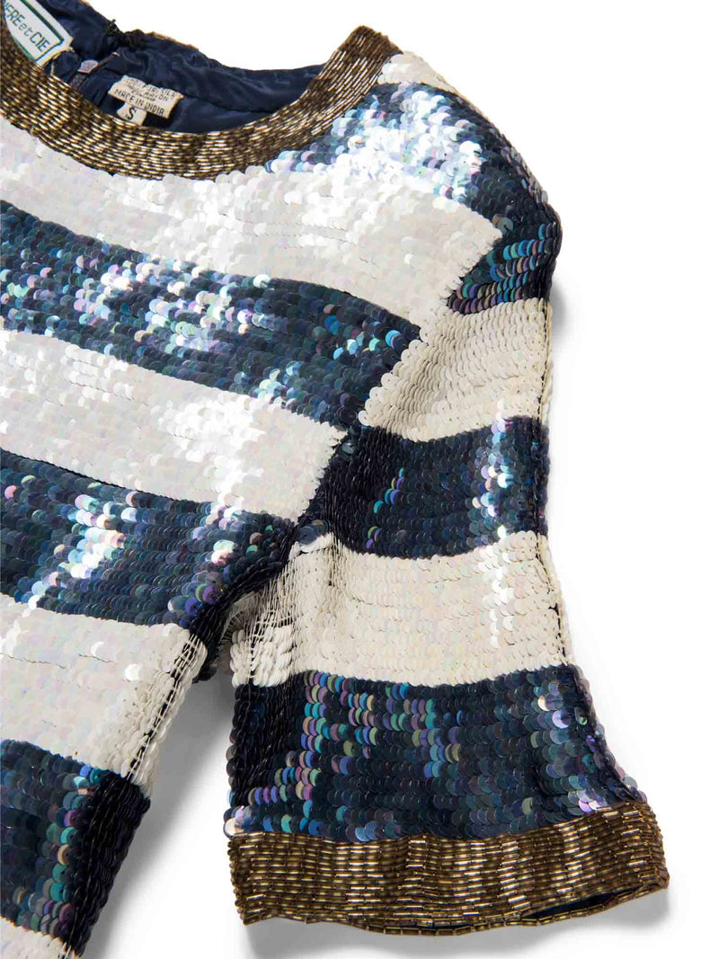 Cardiere Et Cie Silk Anchor Stripe Sequin Top Blue White-designer resale