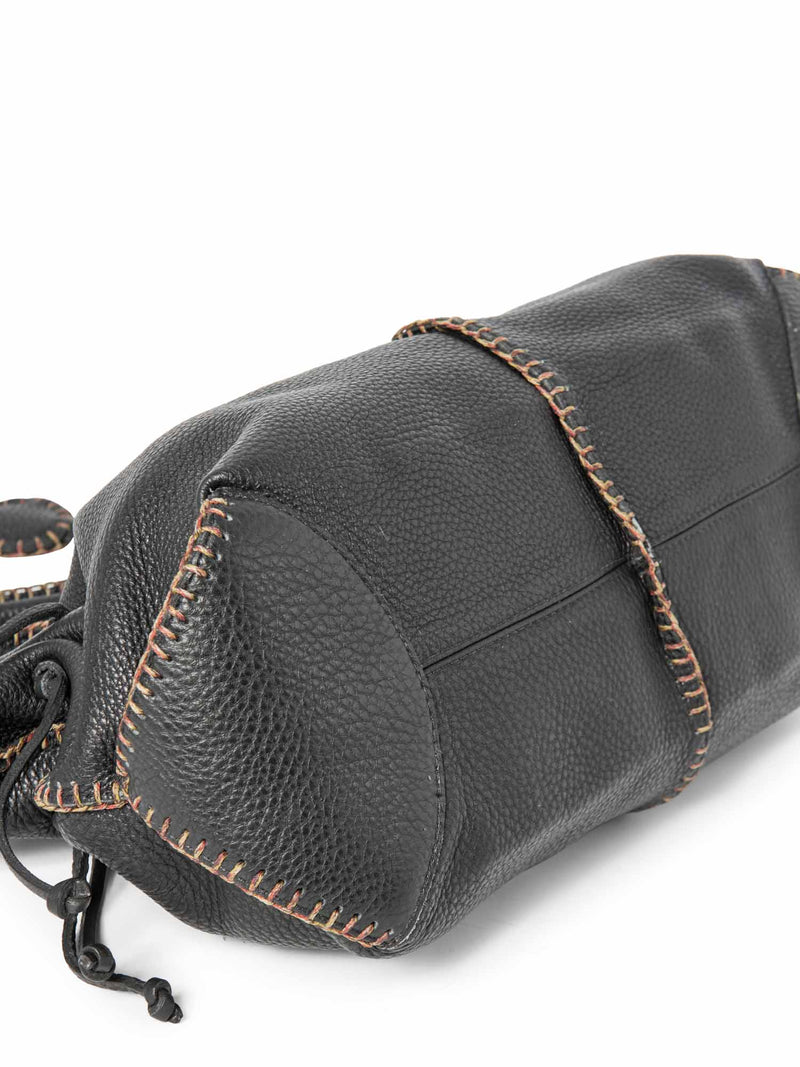 Carlos Falchi Leather Exposed Stitching Tassel Shoulder Bag Black-designer resale