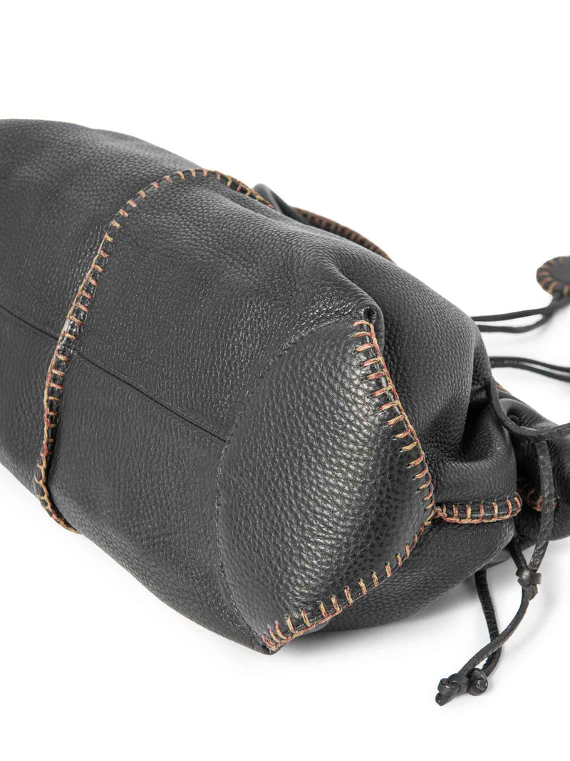 Carlos Falchi Leather Exposed Stitching Tassel Shoulder Bag Black-designer resale