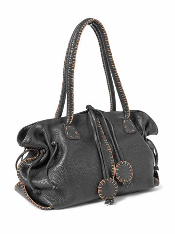 Carlos Falchi Leather Exposed Stitching Tassel Shoulder Bag Black-designer resale