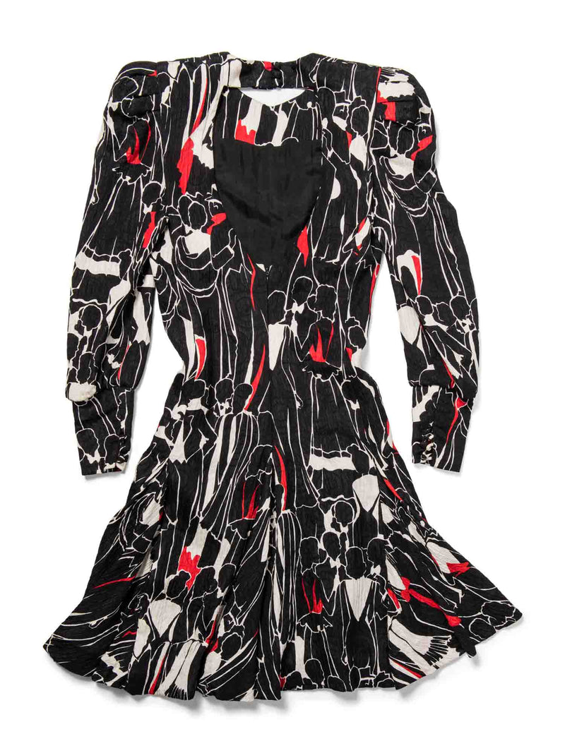 Carolina Herrera Open Back Abstract Print Midi Dress Black White Red-designer resale
