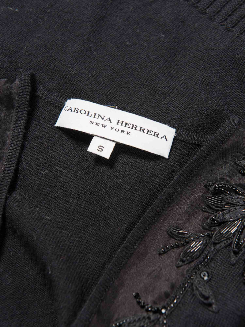 Carolina Herrera Wool Knit Embroidered Cropped Bolero Top Black-designer resale