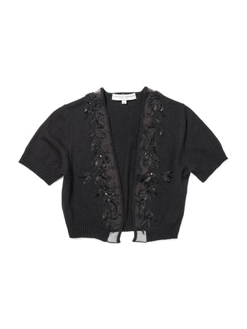 Carolina Herrera Wool Knit Embroidered Cropped Bolero Top Black-designer resale