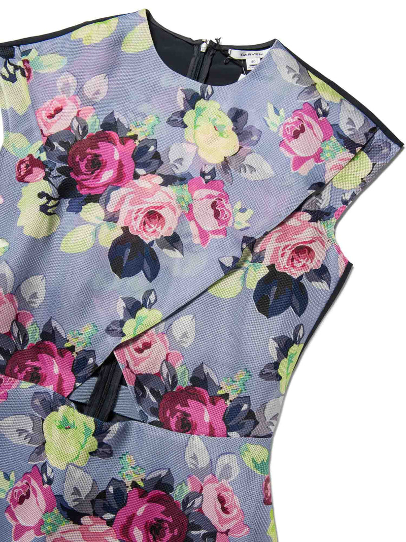 Carven Silk Floral Sleeveless Cut Out Dress Blue Multicolor-designer resale